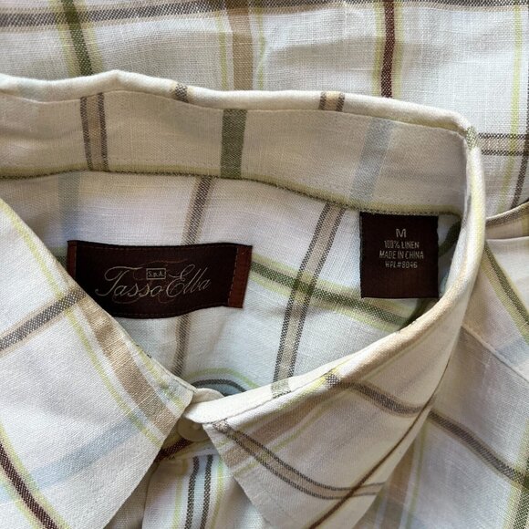 Tasso Elba Mens Medium Ivory Checked Linen Casual Button Up Shirt Short Sleeve - Picture 7 of 7